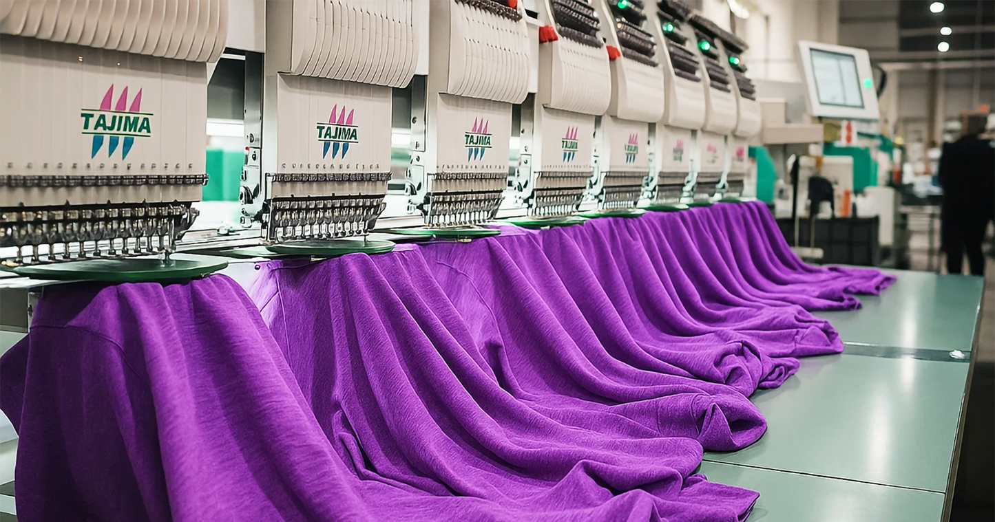 Tajima TFMX 6-head embroidery machines stitching purple workwear clothing in a high-tech garment production facility.