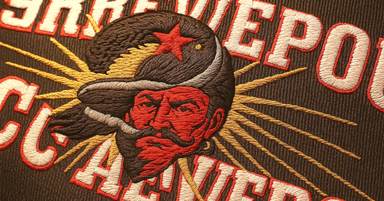 Close-up of a highly detailed embroidered design featuring a stylised face with a red star hat, surrounded by radiating golden lines and bold stitched text on dark fabric.