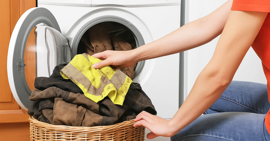 Person loading heavily soiled high-visibility and brown workwear garments into a front-loading washing machine, highlighting the importance of proper uniform care.
