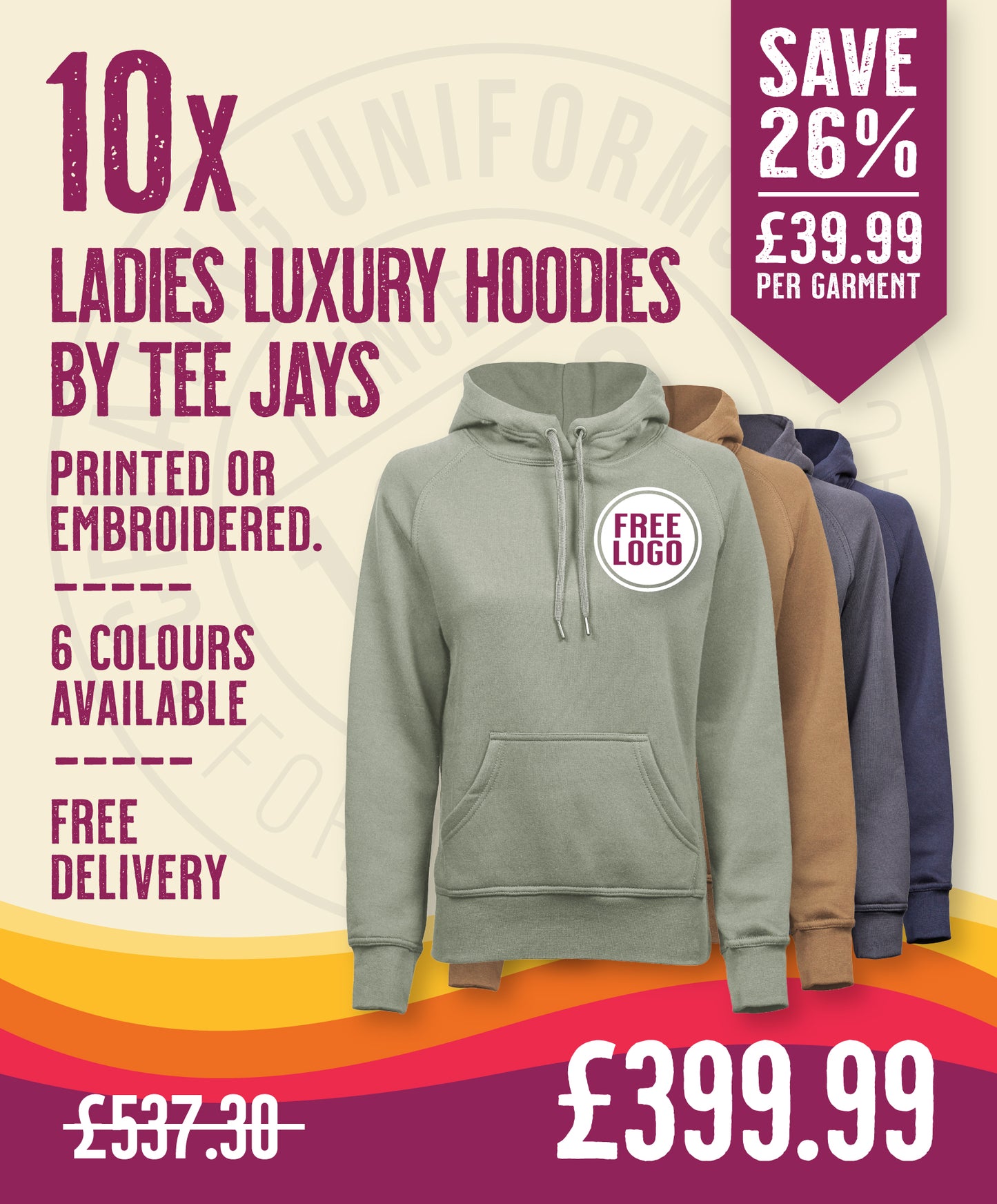 10 x Ladies Luxury Hooded Sweatshirts by Tee Jays