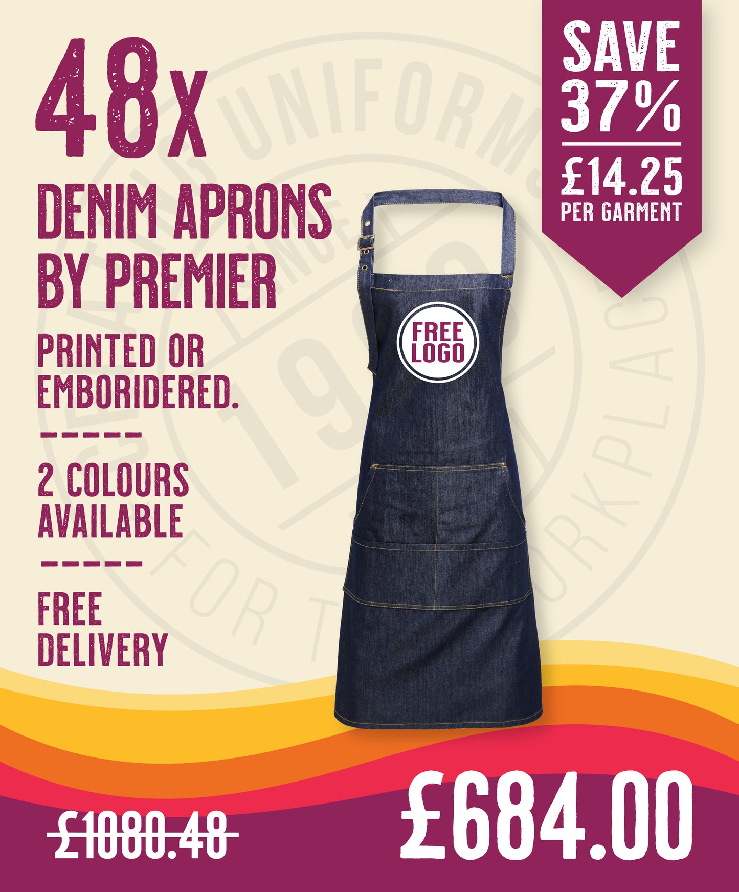 48 x Denim Stitched Aprons by Premier