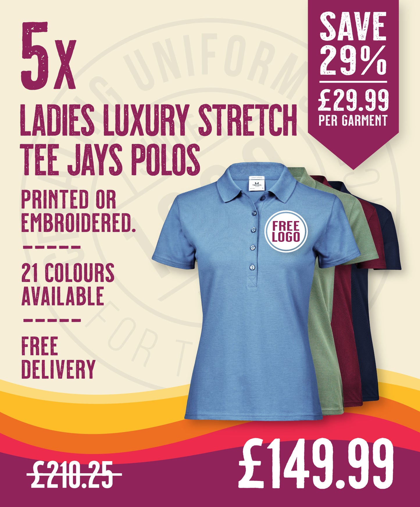 5 x Ladies Luxury Stretch Polos by Tee Jays in Ocean Blue by Print Lab Deals — Custom branded clothing by Print Press, featuring premium embroidery produced in our specialist print lab in the UK.