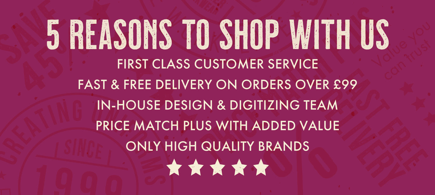 A banner outlining the 5 key reasons to shop with Print Press, highlighting our expertise in custom embroidery, our premium clothing range, and the high-tech production standards of our dedicated print lab.