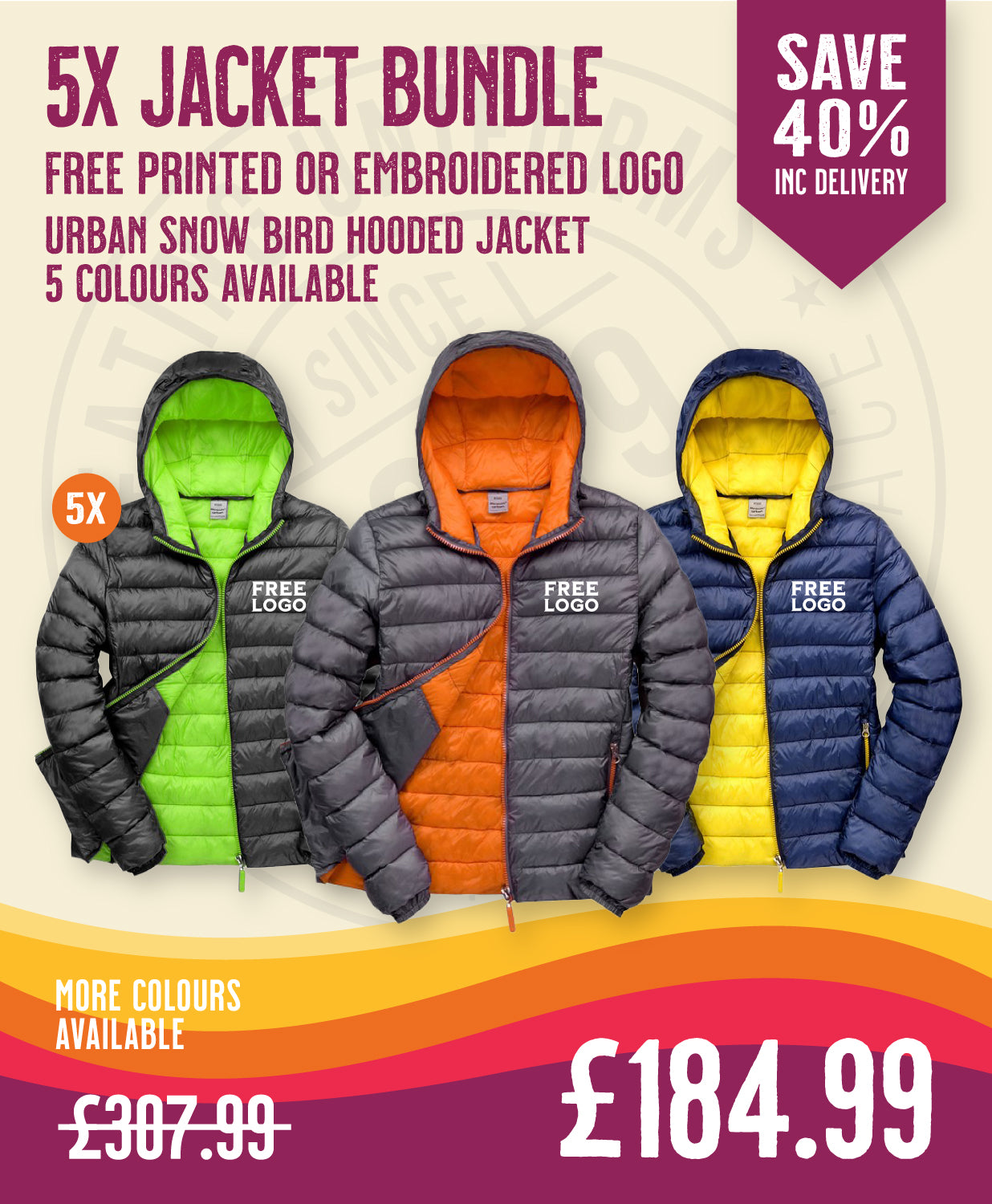 A professional workwear deal from Print Press featuring 5 Result Urban Snowbird jackets, offering durable outdoor clothing with precision embroidery and branding produced in our specialist print lab.