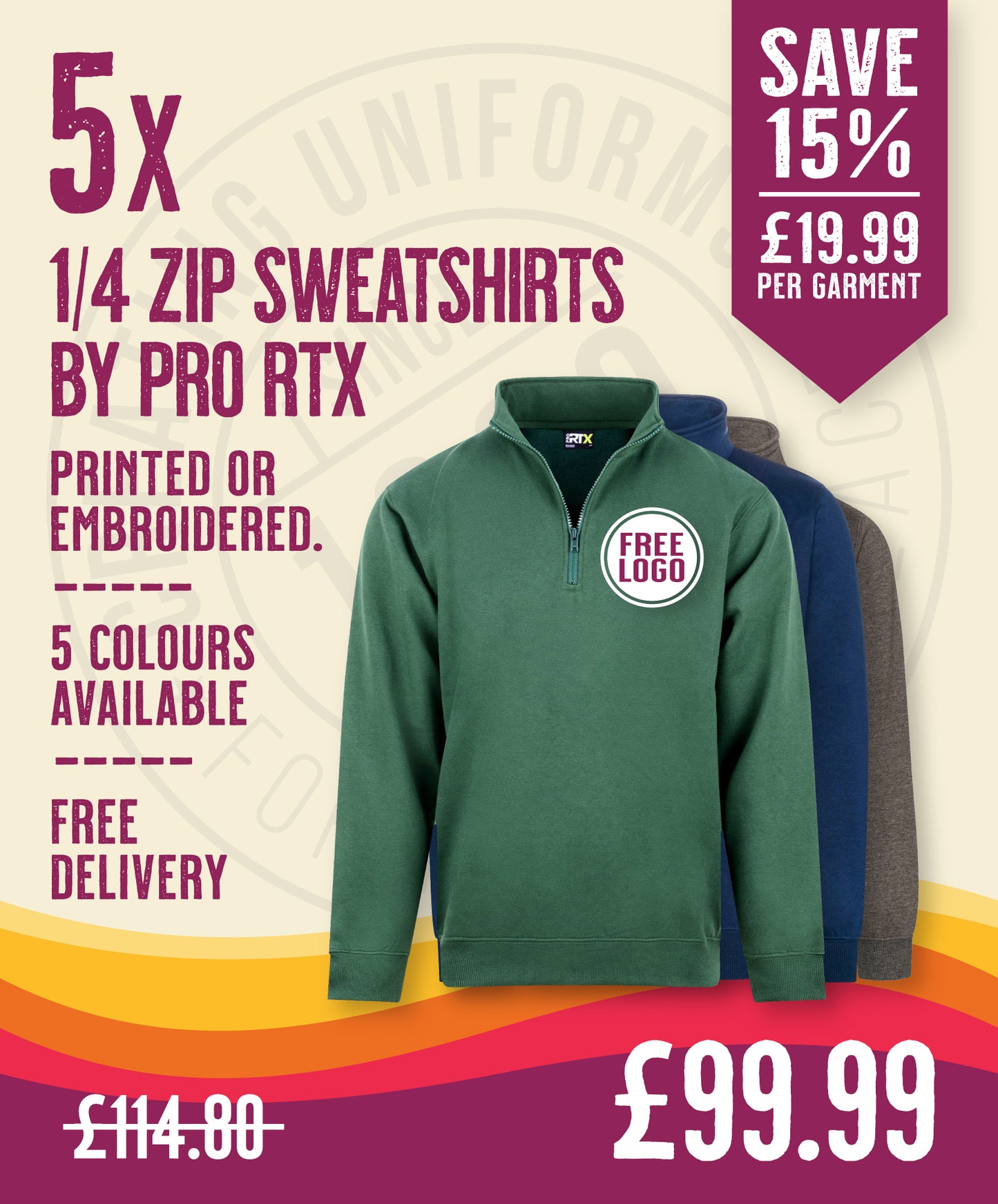 5 x 1/4 Zip Sweatshirts by Pro RTX