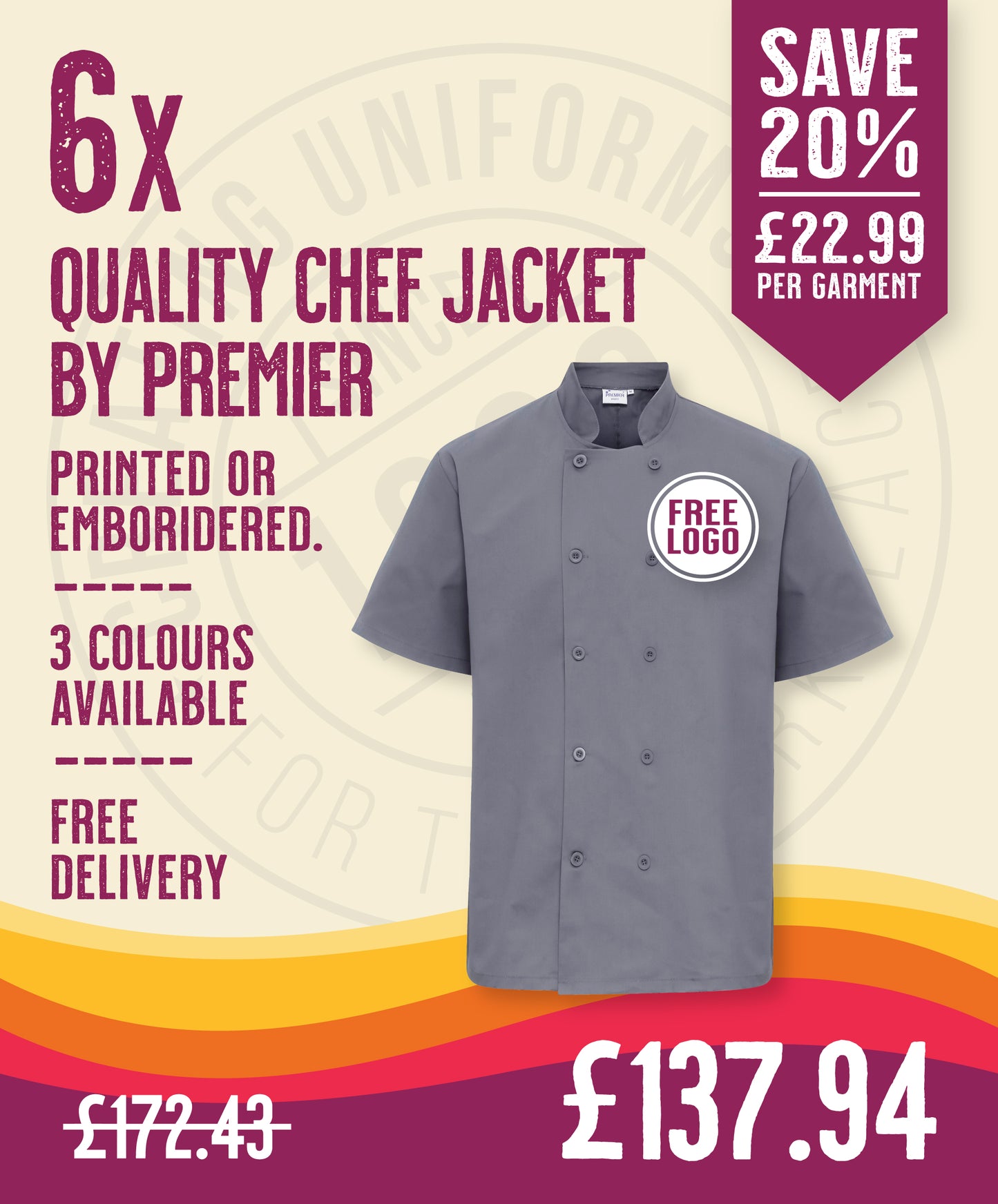 6 x Quality Short Sleeved Chef Jackets by Premier