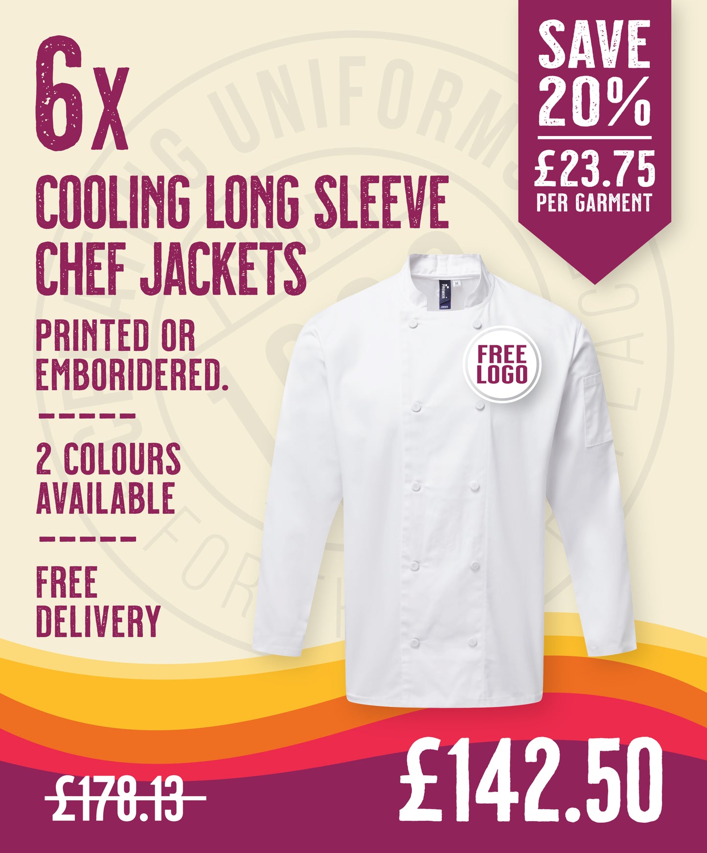 6 x Cooling Long Sleeve Chef Jackets by Premier