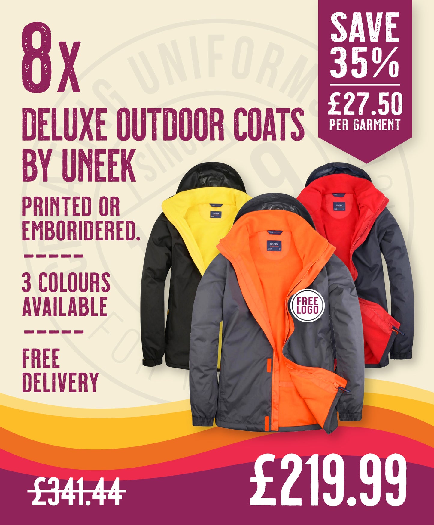 8 x Deluxe Outdoor Coats by Uneek