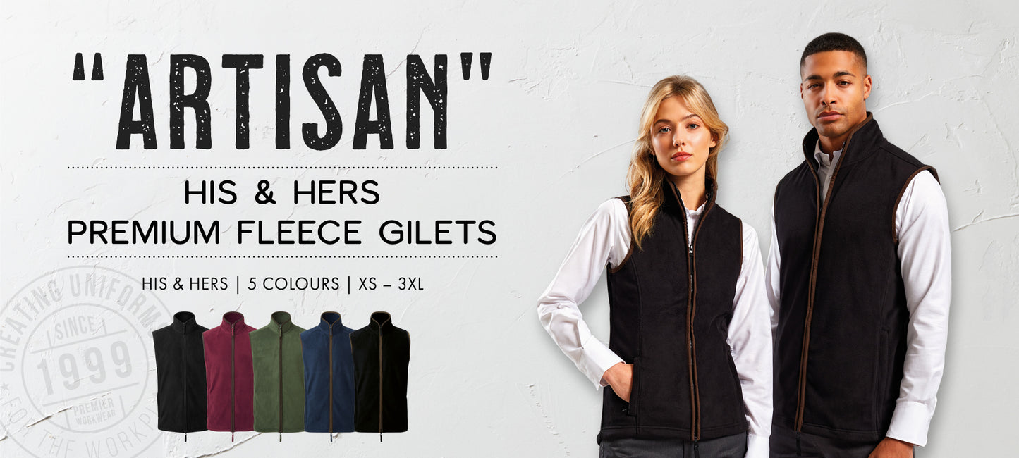 A banner for the Artisan collection from Print Press highlighting the Premier Artisan gilet fleece range with a man and woman wearing the gilets, showcasing premium clothing and custom embroidery from our professional print lab.