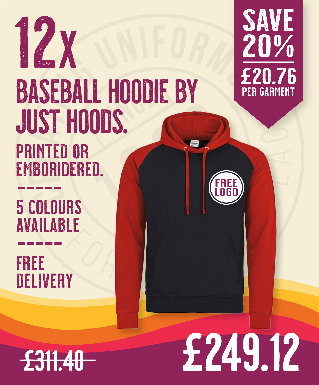 12 x Baseball Hoodies by Just Hoods