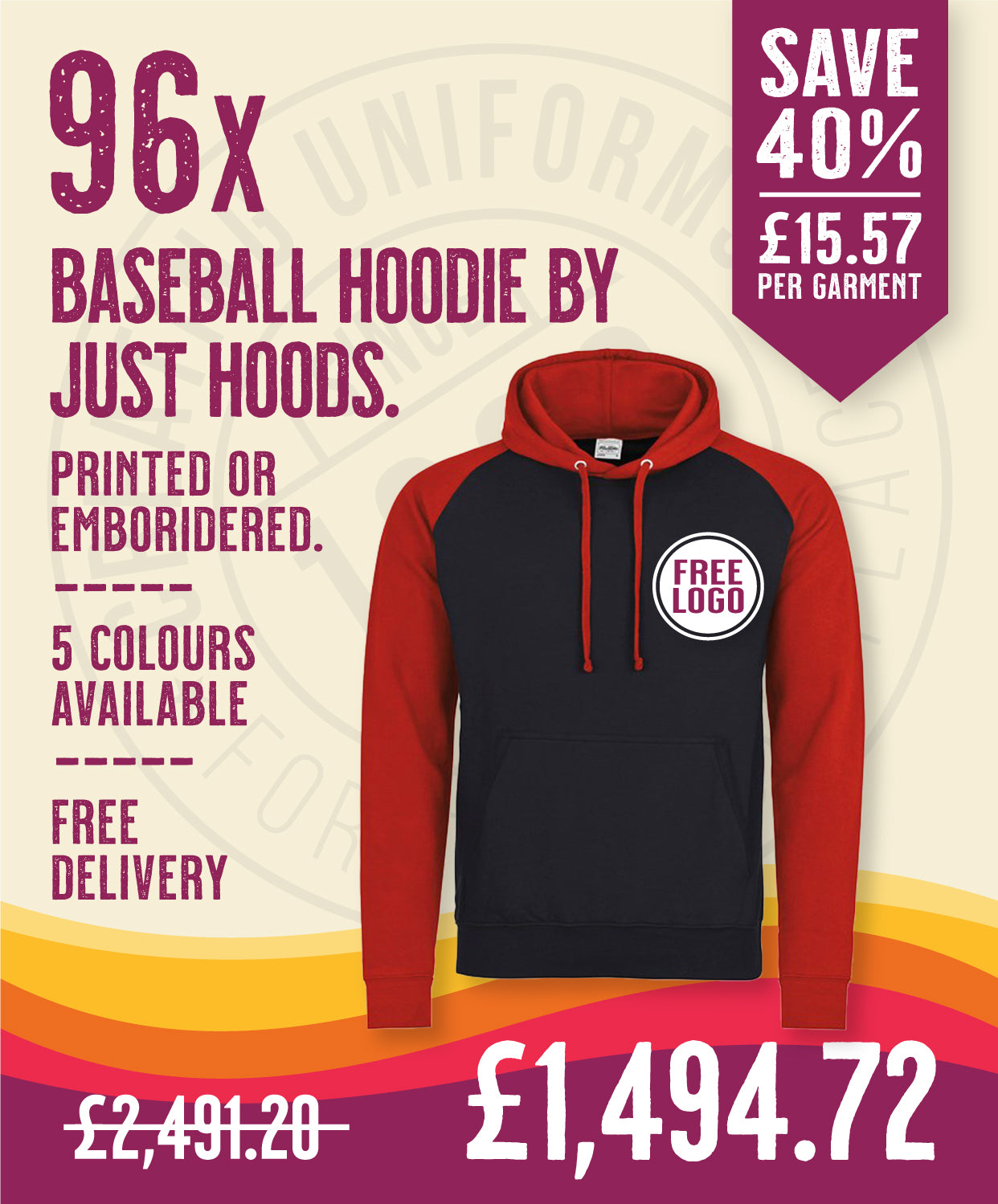 96 x Baseball Hoodies by Just Hoods