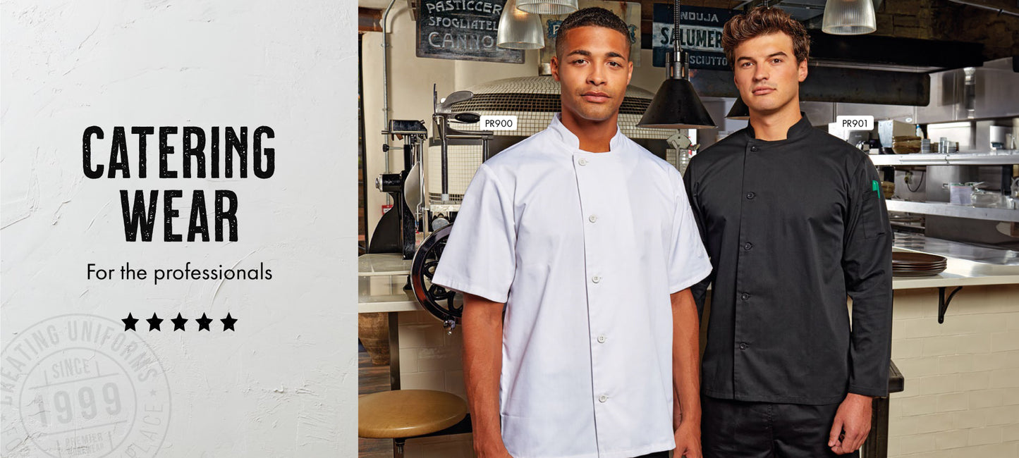 Two men wearing professional Premier chefswear jackets from Print Lab, featuring high-quality embroidery and precision print press branding on premium catering clothing.