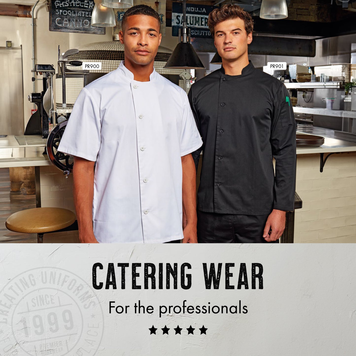 Close-up of Premier chef jackets from Print Lab, showcasing custom embroidery and print press details on professional hospitality clothing.