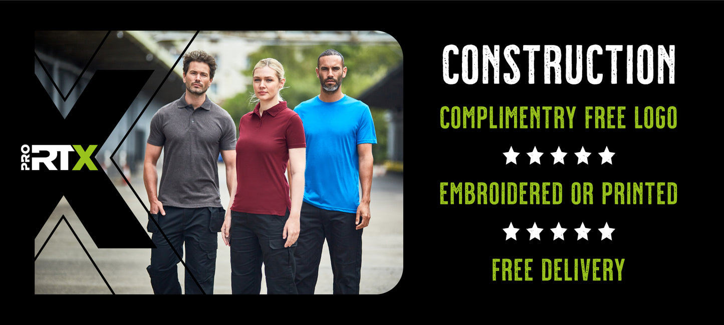 A banner for construction workwear from Print Press featuring three people in Pro RTX uniforms, offering a complimentary free logo and free delivery on clothing with custom embroidery or branding from our specialist print lab.