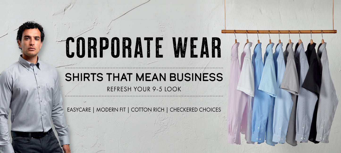 A professional banner for corporate wear from Print Press, featuring a man in a Premier uniform and a row of shirts on a white background, highlighting premium office clothing and custom embroidery from our print lab.
