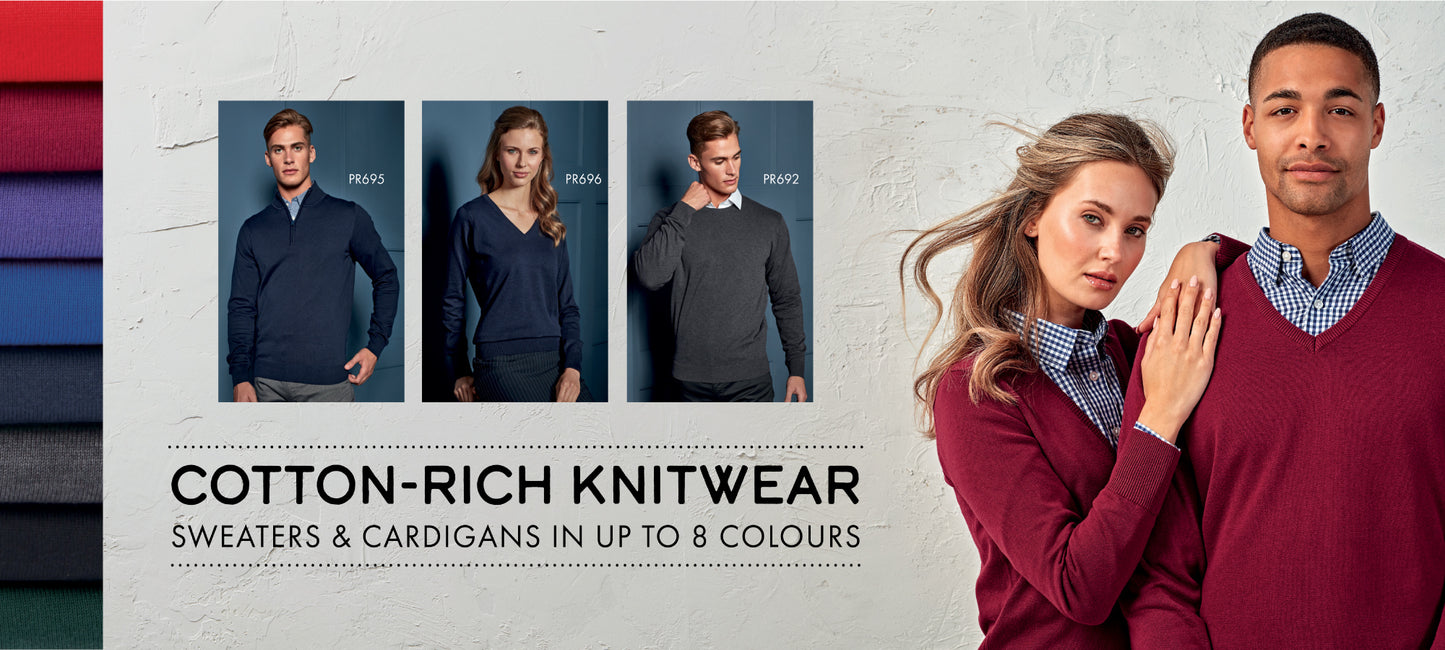 A banner for cotton-rich knitwear from Print Press, featuring a man and woman on the right wearing Premier knitwear uniforms, showcasing professional clothing and custom embroidery from our specialist print lab.