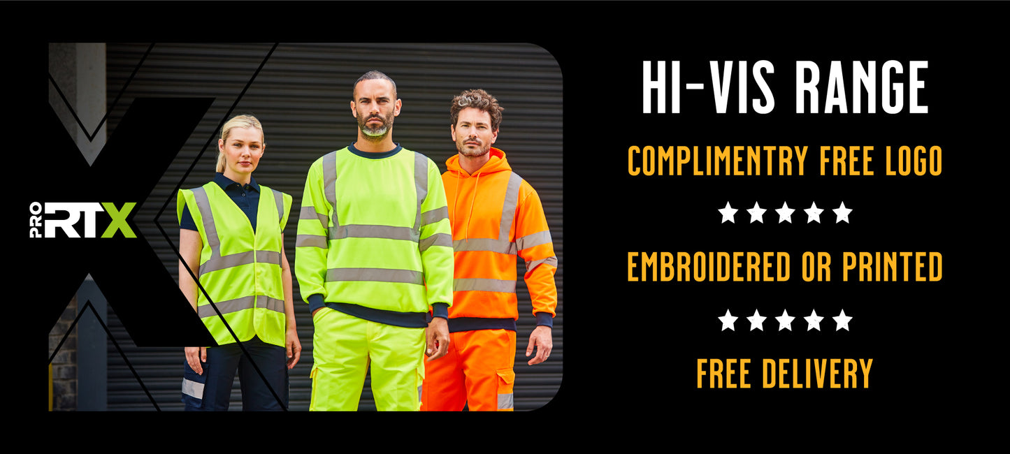 Banner for Hi-Visibility Workwear Bundles from Print Lab, featuring a team in reflective safety clothing branded with professional print press and high-visibility embroidery.