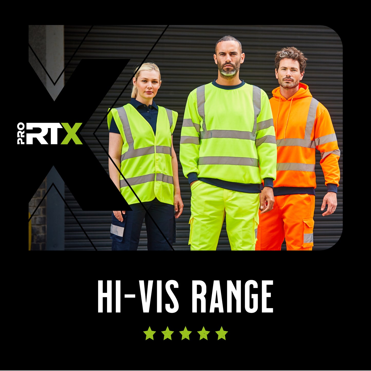 Banner for Hi-Visibility Workwear Bundles from Print Lab, featuring a team in reflective safety clothing branded with professional print press and high-visibility embroidery.
