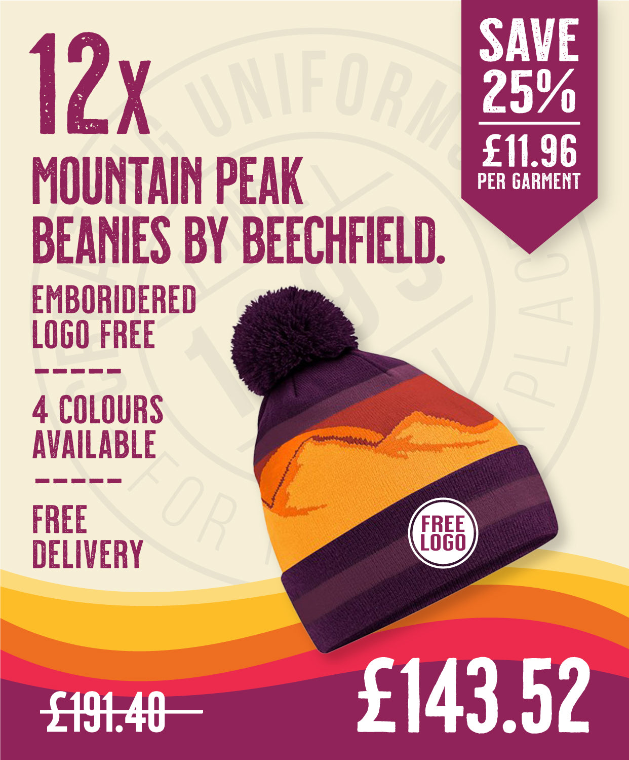 12 x Mountain Peaks Pom Pom Beanie