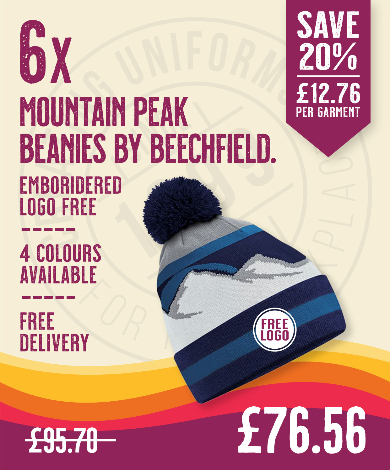 6 x Mountain Peaks Pom Pom Beanie