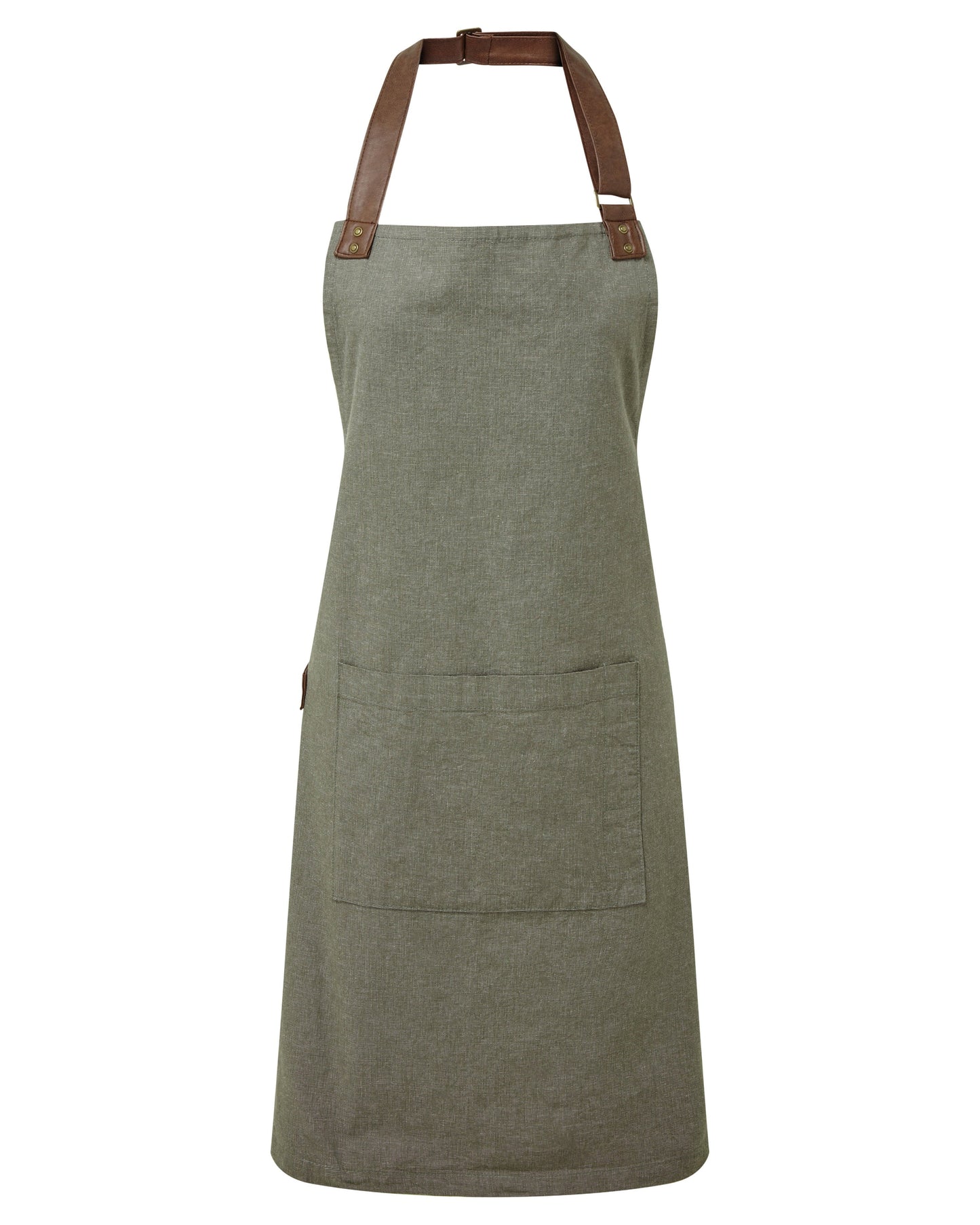 green apron with brown straps on a white background