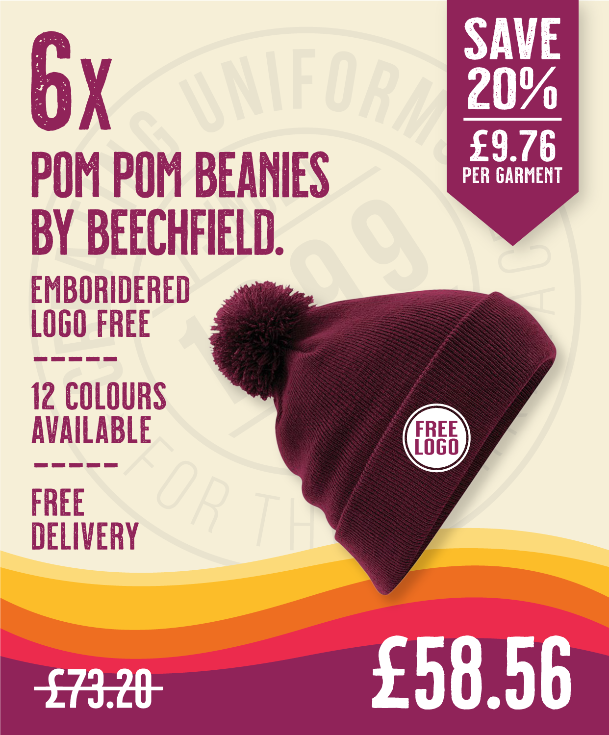 6 x Pom Pom Beanies by Beechfield