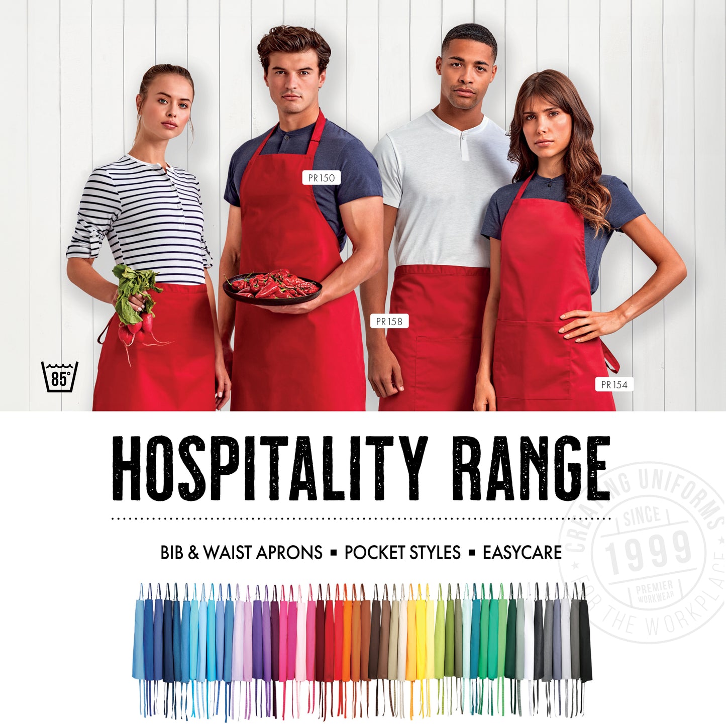 Colorful Premier hospitality clothing by Print Press, showcasing high-quality embroidery and professional finishes from our print lab.