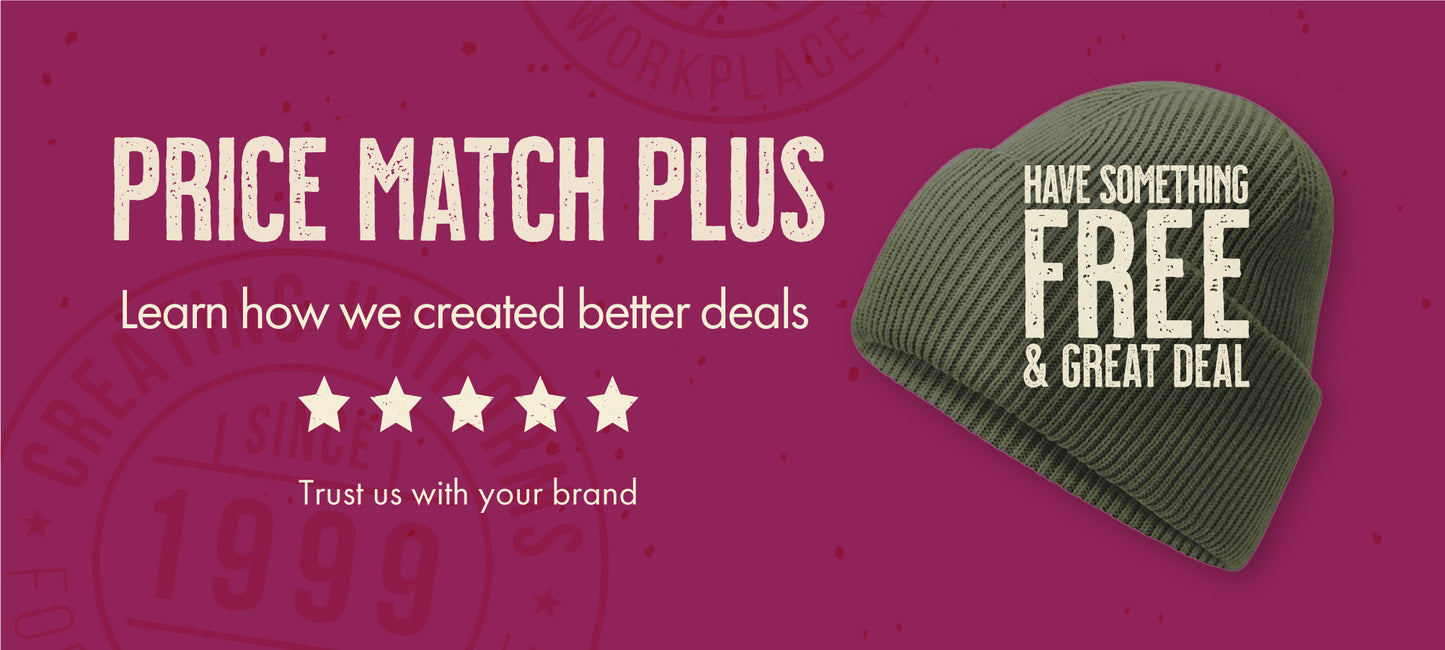A promotional banner for the Price Match Plus deal from Print Press, featuring a close-up of a beanie with "have something free and a great deal" text, highlighting custom embroidery on headwear clothing from our print lab.