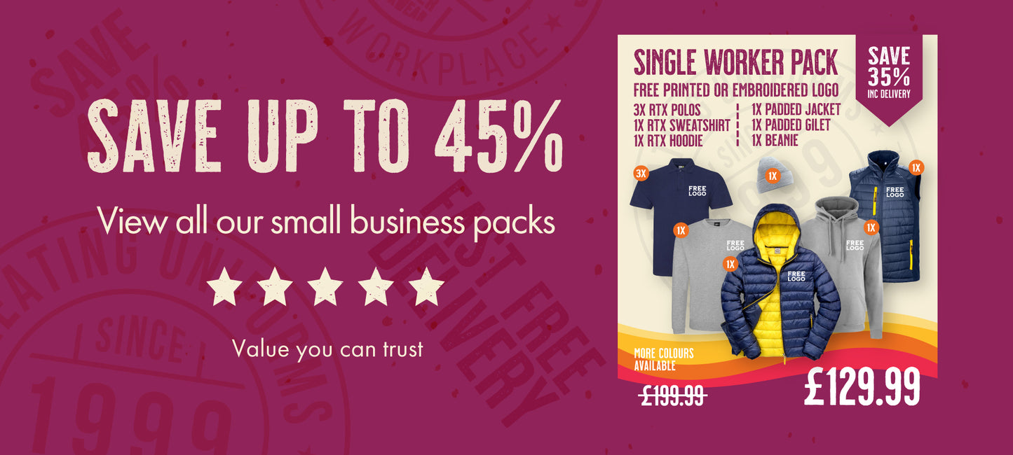 A promotional banner from Print Press offering up to 45% off small business packs, featuring a single worker pack deal on the right-hand side with custom embroidery on professional clothing from our specialist print lab.