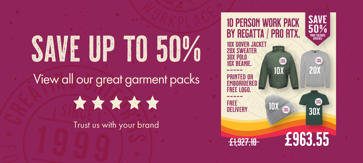 A promotional banner from Print Lab offering up to 50% off workwear bundle deals, featuring high-quality Pro RTX and Regatta clothing with professional embroidery and print press branding.