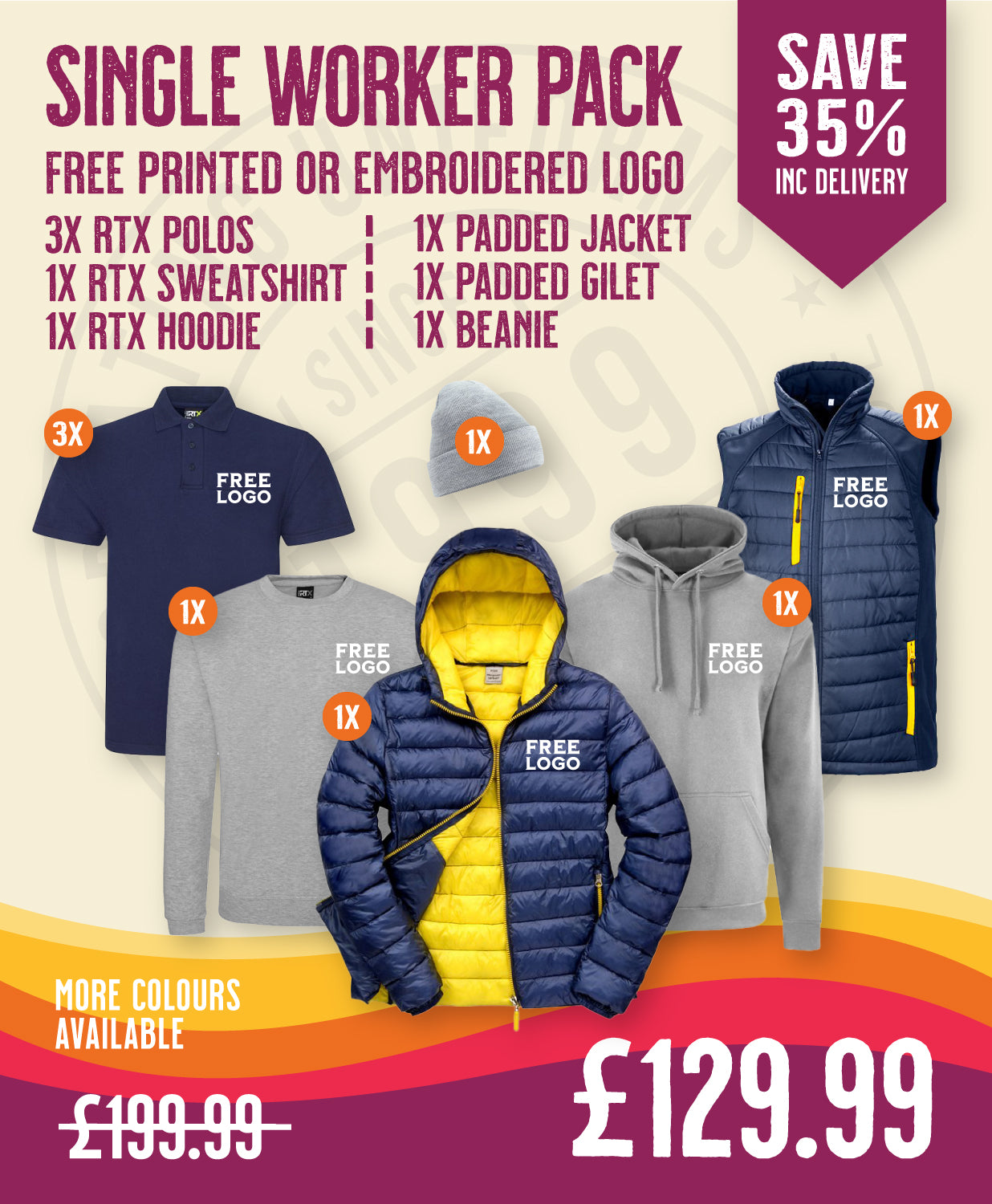 A promotional banner from Print Press for the Single Worker Deal Pack, offering free logo embroidery, free delivery, and professional clothing bundles processed in our expert print lab.