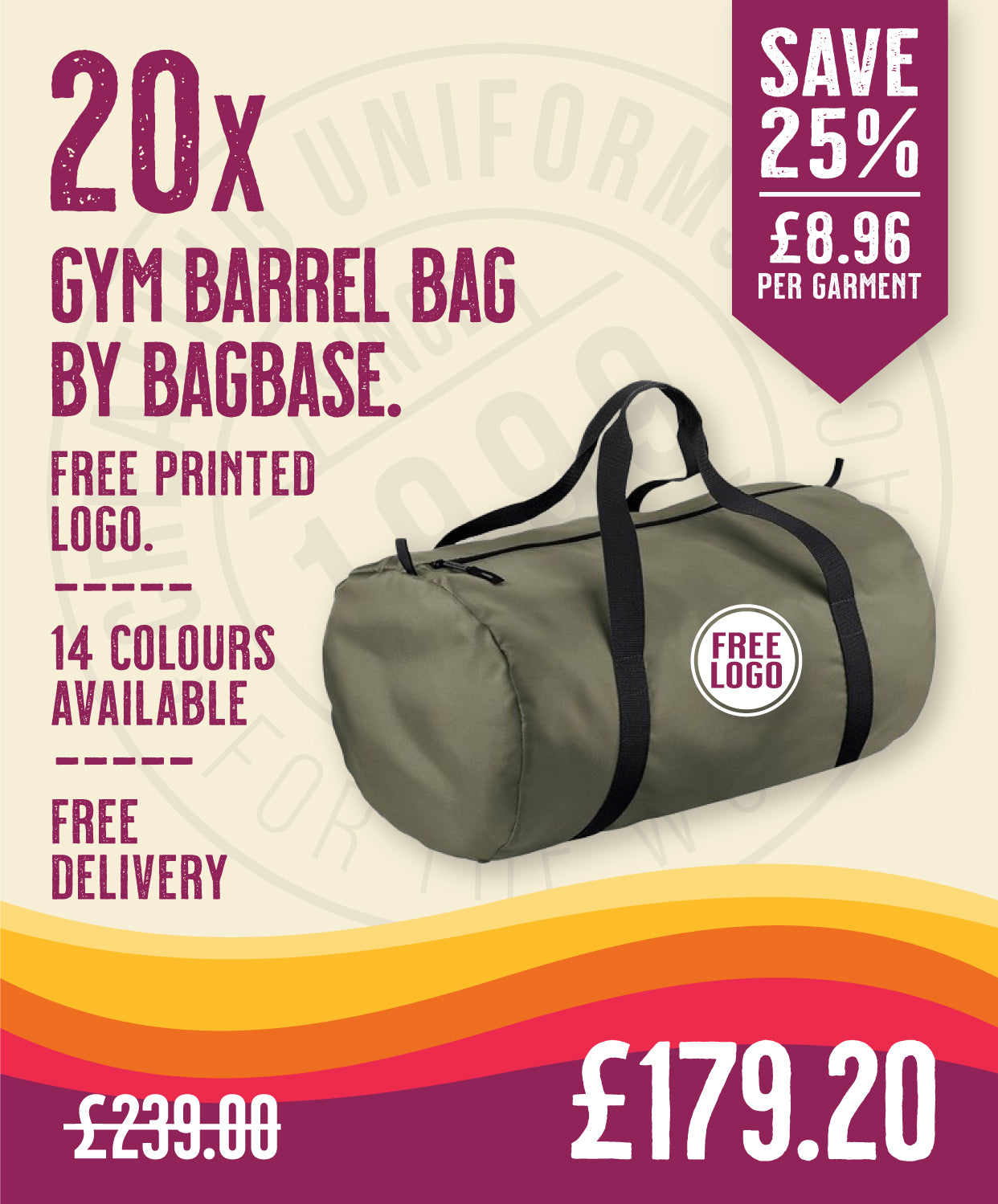 20 x Gym Barrel Bag by Bagbase