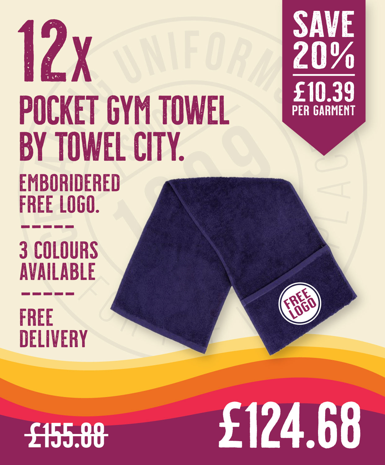 12 x Gym Pocket Towels by Towel City