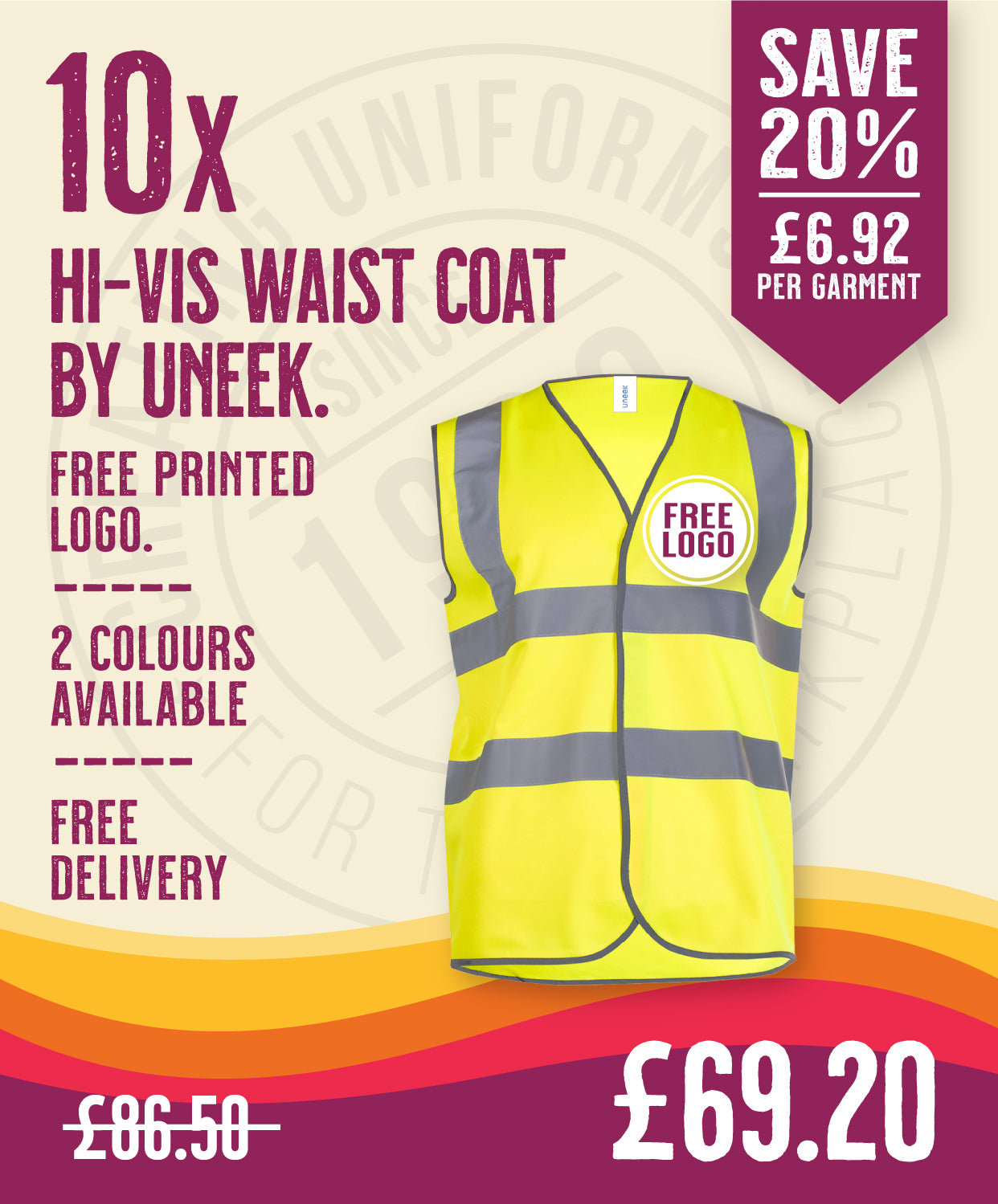 10 x Hi-Vis Waistcoat By Uneek